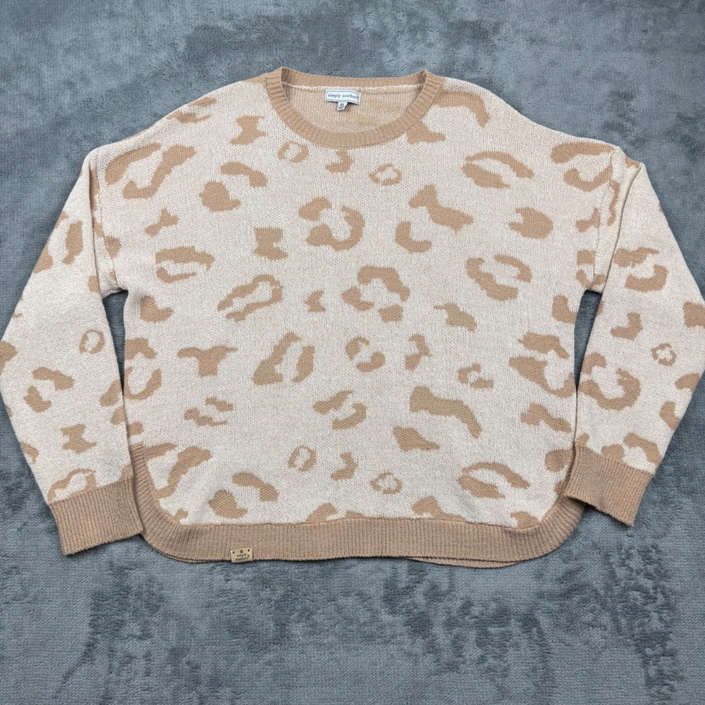 Simply Southern Leopard Print Crewneck Sweater Tan Cream XL Animal Print Knit